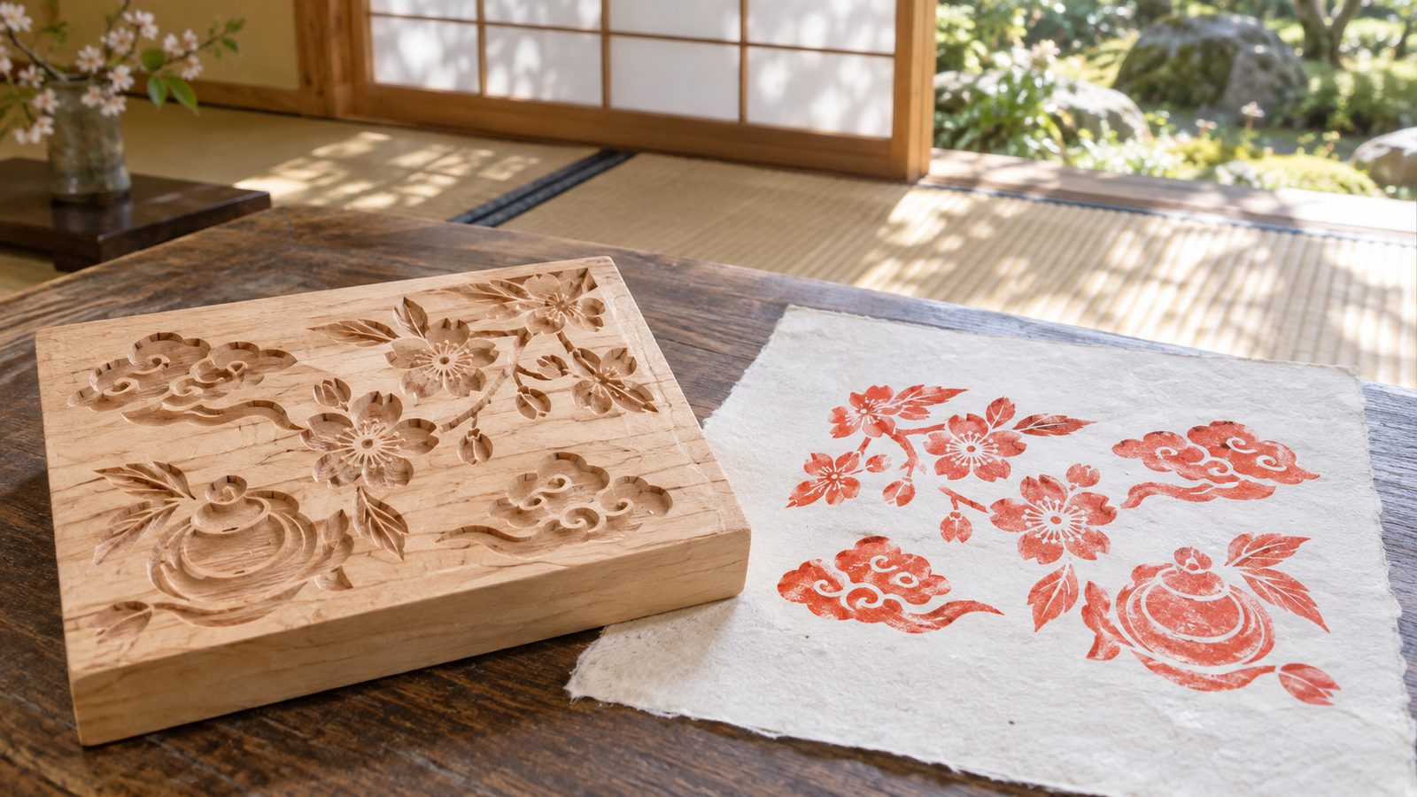 山桜の版木と、和紙に朱で刷った草花と宝珠の文様
