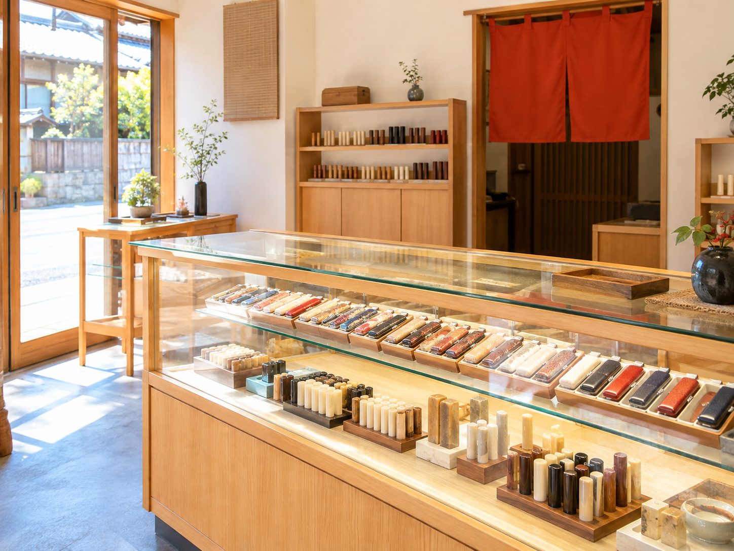 明るい木のガラスケースに印鑑ケースと印材が並ぶ店内と、朱色ののれん